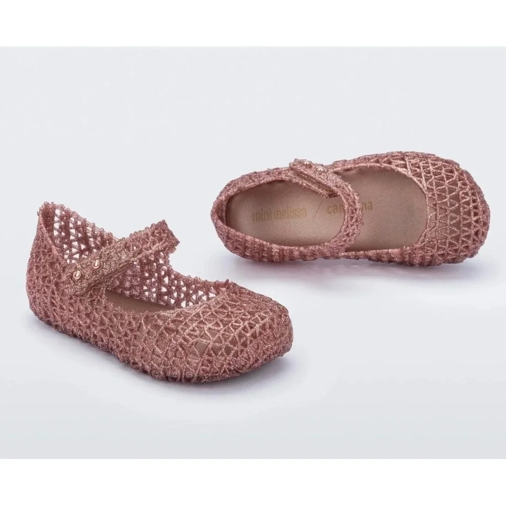 Mini Melissa Campana Zig Zag Rose Gold Glitter Jelly Mary Jane Shoes Kids Size 8